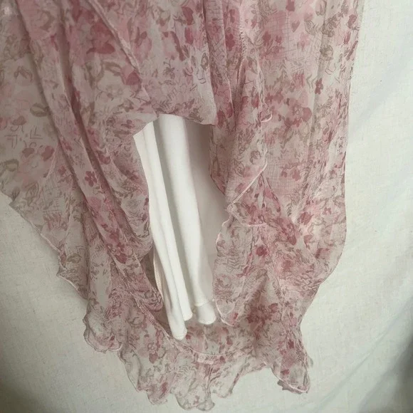 Vintage Believe Floral Pink Beige Sheer Ruffle Hem Dress Women's Size 10 - Picture 5 of 8